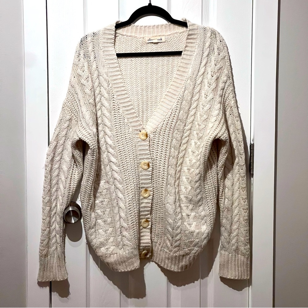 Olive & Oak Oversized Cable Knit Cardigan with Corduroy Elbow Patches